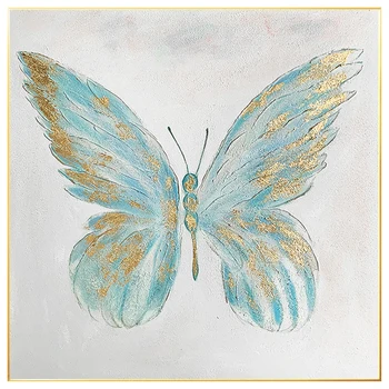 Ranka tapytas mėlyno aukso drugelio paveikslas ant drobės, aukso folijos drugelio menas, svetainės miegamojo sienų meno namų dekoras