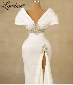 Lowime 2024 Haute Couture White V Neck Moterų vakarinė suknelė Split Side Undinėlės vakarėlio suknelė vestuvėms Crystals Long Prom suknelė