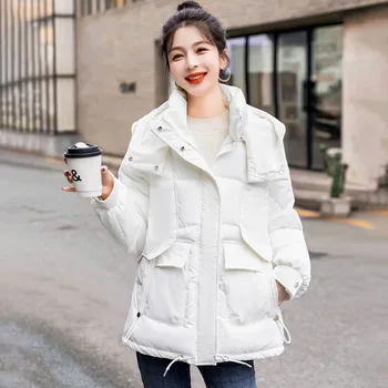 Korėja Saldus pūkinis medvilninis paminkštintas švarkas Moteriškas paltas Naujas ruduo Žiema Storas Šiltas Parkerio paltai Mada Siuvamas paltas su gobtuvu