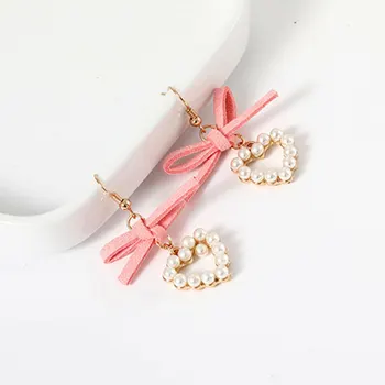 2023 Korėjos rožinio audinio lanko mazgas Meilės auskarai moterims Pendientes Širdis Imituoti perlų smeigės auskarai Boucle D'oreille Brinco