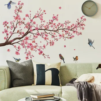 Paukščių ir persikų žiedų sienų lipdukai svetainės sienų dekoravimui - lipnūs sienų lipdukai fono sienų apdailai