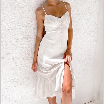 PASSIONNÉ Balta suknelė moterims Petnešos be rankovių Viengubos vidutinio ilgio suknelės Moteriška elegantiška mada 2023 m. vasaros naujiena