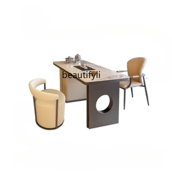 Itališkas akmens plokštės balkono stalo-kėdės komplektas Nerūdijančio plieno lengvas prabangus arbatos gaminimo stalas Modernus minimalistinis arbatos staliukas