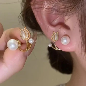 Lengvi prabangūs perlų tulpių žiedų smeigės auskarai moterims Korėjiečių mada Prancūzų saldžios merginos Išskirtiniai auskarai Vakarėlis Papuošalai Dovanos