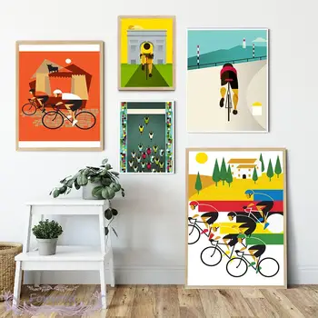 Šiaurės šalių animacinių filmų sporto dviračių varžybų plakatas Spalvingas dviratis Drobė Tapyba Sienų dailė Modulinės nuotraukos Namų dekoras Svetainė