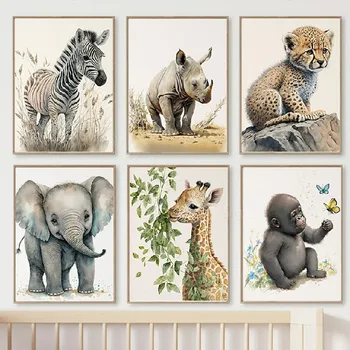 Žirafa Dramblys Zebras Orangutanas Raganosiai Baby Animal Wall Wall Canvas Tapyba Plakatai ir spaudiniai Paveikslėliai vaikams Kambario dekoras