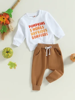 Žavingas 2Vnt Helovino drabužių rinkinys mažiems berniukams - laiškų spausdinimas Įgulos kaklo džemperiai ilgomis rankovėmis ir ilgos kelnės
