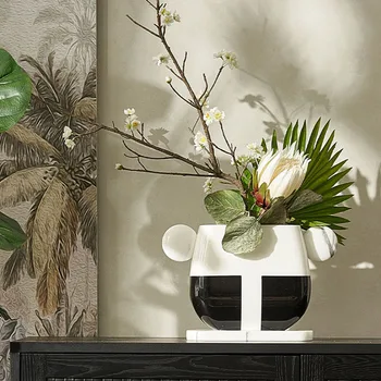 Modern Amphora Stone Crafts Arts Flower Vessel Italian Style Designer Entryway Valgomasis Tekstūruotas juodai baltas gėlių indas