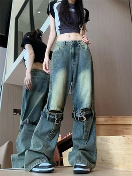 Harajuku Streetwear Moteriški džinsai Diržai Puošia plėšytas džinsines kelnes Laisvos plačios kojos tiesios kojos Džinsinės kelnės Y2K Baggy Kelnės