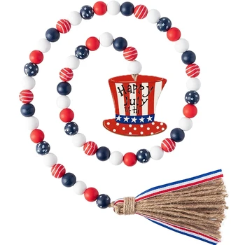 Patriotinių medžio karoliukų girlianda Liepos 4-oji Nepriklausomybės diena Mediniai karoliukai su kutu, maldos karoliukai Girliandos pakopinis padėklo dekoras
