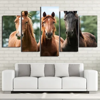 Svetainė Namų dekoras Modulinės drobės paveikslėliai 5 vnt Gyvūnas Trijų arklių plakatas Sienos menas HD spausdinti paveikslai Sistema moderni