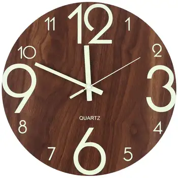 šviečiantis sieninis laikrodis, 12 colių mediniai tylūs nepažymėti virtuvės sieniniai laikrodžiai su naktiniais žibintais vidaus / lauko svetainei