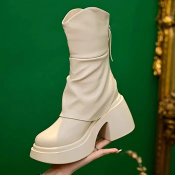 Women Mid Calf Pumps Batų dizaineris Aukštakulniai Užtrauktukas Chunky Chelsea batai Žiema Naujas prekės ženklas Prabangi mada Gladiatorius Botas 2023