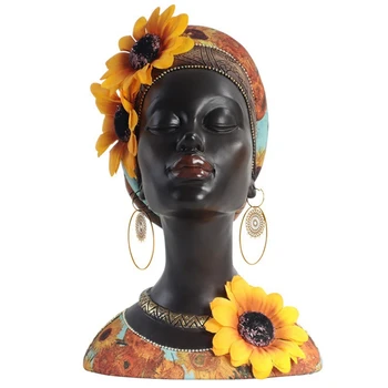 Afrikos meno biusto statula, namų dekoras Afrikos saulėgrąžų mergaičių figūrėlės, namų dekoro derva Juoda Afrikos biusto skulptūra Lengva naudoti
