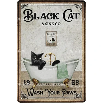 Juokingas juodos katės raštas Vintažinis stilius Plaukite letenas Metalinis ženklas tualetui Namų kambarys Vonios kambario tualeto dekoras