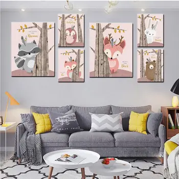 Paprastas šiaurietiško stiliaus animacinis filmas gyvūnų atspaudas drobė tapyba triušis lapė elnias paslėptas plakatas vaikų kambario sienų meno dekoravimo paveikslėlis