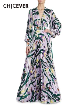 CHICEVER Vintažinės spausdinimo suknelės moterims V kaklas ilgomis rankovėmis aukštas juosmuo sujungtas plisuotas rudeninis elegantiškas koloritas suknelė