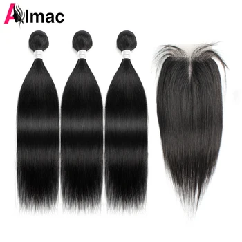 Tiesūs 3 žmogaus plaukų ryšuliai su 4x1 nėrinių uždarymu Brazilijos Remy plaukų priauginimas Dvigubi ataudai moterims Natūrali spalva 200g/Rinkinys