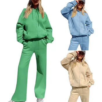 Moteriški užtrauktukai su gobtuvais Dviejų dalių komplektas Laisvalaikio džemperiai su gobtuvu Bėgiojimo kelnės Kostiumai 2023 Rudens laisva sportinė apranga