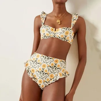 Fashion Print Gathering Slim Bikini Set Chic Retro Backless High Waist Cropped Beach Wear 2023 Moterų atsispaudimai