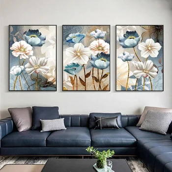 Modern Abstract Golden Blue Flowers Nordic Poster Wall Art Print Canvas Painting Wall Art Pictures for Living Room Cuadros