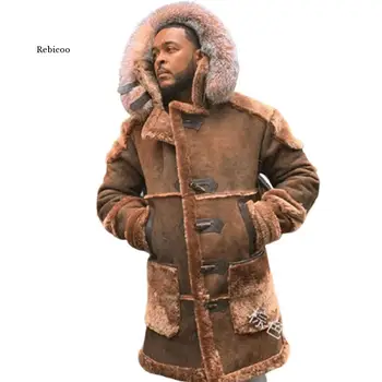 Žiemos vyrų mados ilgų rankovių kailis Sutirština šiltą kirpimo paltą Vyriškas dirbtinis zomšinis švarkas su gobtuvu 2022