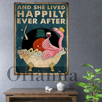 Flamingai Vonios kambarys Ji laimingai gyveno išgėrusi vyno plakatas Juokinga retro vonios siena Decon vonios kambario dekoro drobė Tapyba