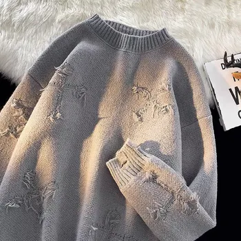 Y2K Megztinis Moterys Harajuku Hip Hop Oversize džemperis Skylė Fringed Trikotažas Siuvinėjimas Megztiniai Vintage Top Gatvės drabužiai