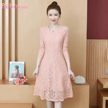 Korėjietiško stiliaus mados ruduo Nauja moteriška vakarėlis ilgomis rankovėmis Vakarienė Nėriniuota Midi suknelė