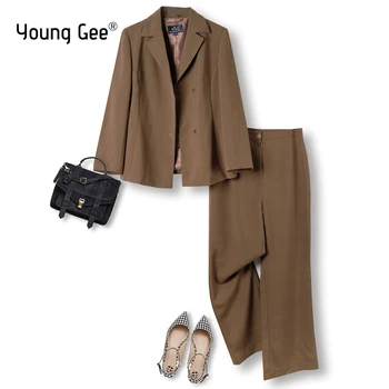 Young Gee Women official Two Piece Set suit švarkas Kava Plačios kojos Kelnės Elegantiškos Anke kelnės Office Ladies Moteriška apranga