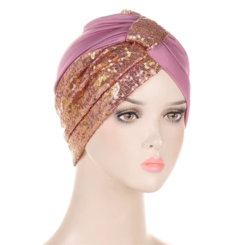Blizgučiai Moteriškos turbano kepurės Musulmonų mados mazgas Galvos apvyniojimai Indijos skrybėlė Islamiški galvos apdangalai Chemo Cap Lady plaukų aksesuarai