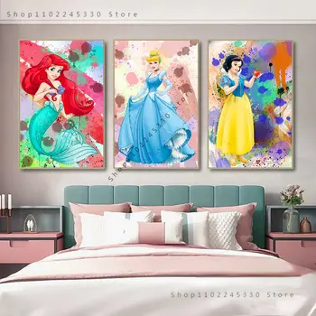 Disney akvarelės drobės paveikslai Snieguolė Undinėlė Princesė Plakatai ir spaudiniai Sienų meno paveikslėliai svetainei Namų dekoras
