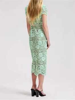 Moteriška midi suknelė 2023 Nėrinių kvadratinė apykaklė Deimantas Pagražintas elegantiškas Rpbes trumpomis rankovėmis