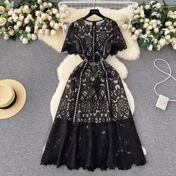Vakarėlis Midi suknelė Vasara Naujas mados dizainas Moterys Kilimo ir tūpimo takas Aukšta gatvė Nėriniai Tuščiaviduriai siuvinėjimo gėlės Juoda Elegantiška Plona T9368
