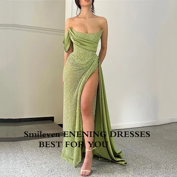 Smileven Green Saudi Arabia Undinės vakarinės suknelės Blizgučiai Karoliukai Klostės Prom vakarėlio suknelė High Side Split Kokteiliniai chalatai