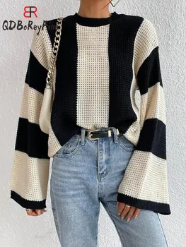Rudens žiemos moteriški megzti megztiniai Vintažiniai laisvi O kaklo ilgų rankovių viršugalviai Laisvalaikio oversized dryžuoti megztiniai moterims 2023