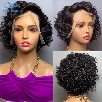 Žmogaus plaukai Garbanotos bangos šoninės dalies perukas Trumpas Bob Pixie Cut Brazilijos Remy plaukų nėrinių perukas Trumpas garbanotas Pixie kirpimo perukai juodaodėms moterims