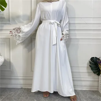 Madinga musulmoniška suknelė Dubajus Viso ilgio nėrinių rankovė Minkštas blizgus Abaya Dubajus Turkija Musulmonų islamo chalatas 2023 Ilgos suknelės su diržu
