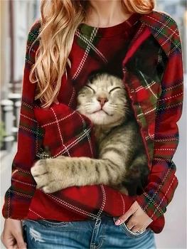 Moterų 3D katės spausdinimas Kasdieniai marškinėliai O kaklas Marškinėliai ilgomis rankovėmis Paplūdimio stiliaus megztiniai Laisvalaikio moteriški drabužiai Ruduo