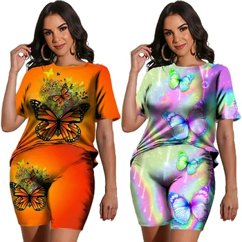 2023 Summer Women'sTwo Piece Set Fashion 3D Butterfly Print Trumpomis rankovėmis Trikotažas / Šortai / kostiumai Laisvalaikio gatvės drabužiai Moteriški drabužiai