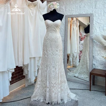 2023 Mielaširdinga nėriniuota vestuvinė suknelė Šampanas Linija Vestido De Noiva karoliukai Moteriškos suknelės Boho suknelės be rankovių