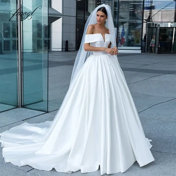 Fmogl Sexy Backless Boat Neck Satin A Line Wedding Dress Luxury Zipper Court Train Vintage Bridal Gowns Plus Size