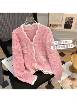 Moteriškas baltas megztinis megztinis Vintage Harajuku Korėjos mada Y2k ilgomis rankovėmis V kaklo rožiniai megztiniai Viršutiniai drabužiai Ruduo