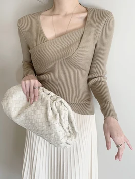 Netaisyklingas V-kaklas Moteriški megztiniai Mada Džersis Ruduo Žieminis plonas megztinis Moteriškas megztinis Džemperis Megztinis Laisvalaikio kietos viršūnės
