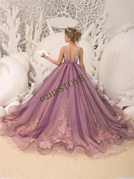 Flower Girl suknelės Violetinės A linijos grindų ilgis vestuvėms be rankovių su tiulio nėrinių aplikacijos gimtadienio vakarėlio suknelėmis