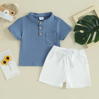 Mažylis Berniukas Vasariniai drabužiai Vienspalviai Henley marškinėliai trumpomis rankovėmis su elastiniais juosmens šortais 2Vnt apranga