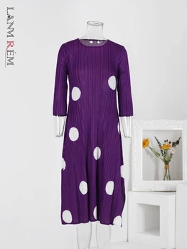 LANMREM Fashion Dot Printing Plisuotos suknelės Moterys apvaliu kaklu Vidutinio ilgio A linijos suknelės Elegantiškos 2024 Rudens nauji drabužiai 2AA1883