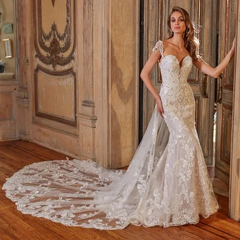 Prabangi nėriniuota undinėlės vestuvinė suknelė 2023 m. su nuimamu traukiniu Vestido de Noiva Sereia Sexy Backless Aplikacijos Karoliukais puoštos nuotakos suknelės
