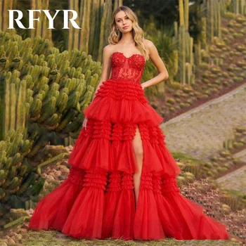 RFYR Raudonos pakopos sluoksnio vakarinė suknelė Elegantiška A Line Prom suknelė Mielaširdinga vestuvių vakarinė suknelė su šoniniais split chalatais de soirée