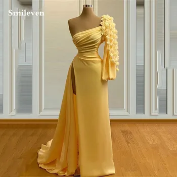 Smileven Geltonos vakarinės suknelės Saudo Arabija Vieno peties nėriniai ilgomis pūstomis rankovėmis chalatas De Soirée Side Split Party Prom suknelė 2023